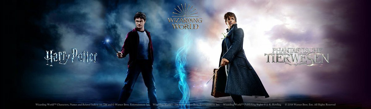 Imagen promocional del Mundo Mágico con Newt Scamander y Harry Potter de cuerpo completo